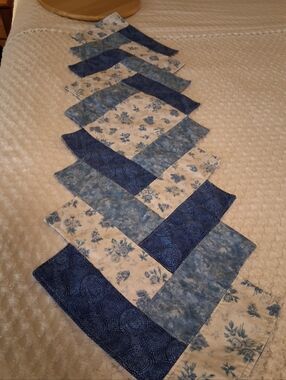 Handmade Blue Floral Patchwork Table Runner Herringbone Pattern 13 x 46